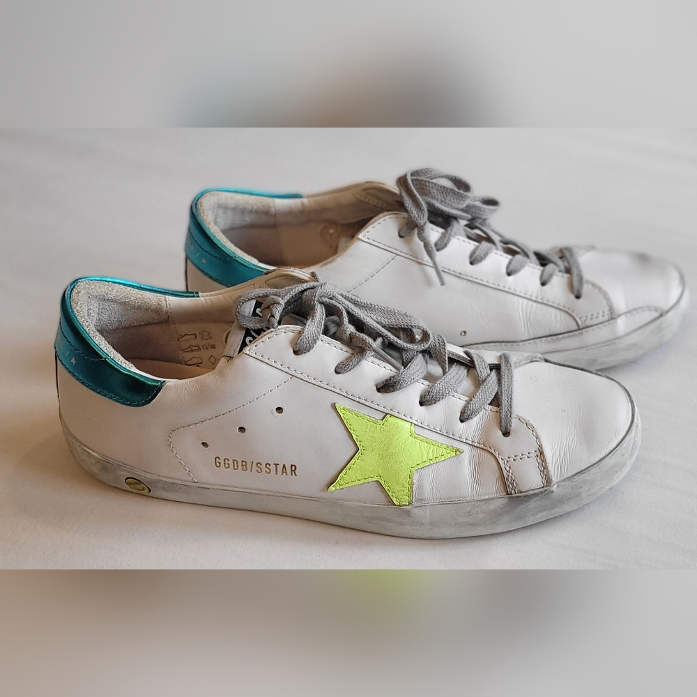 Golden Goose White Leather Sneakers with Neon Star Accent. Size 40